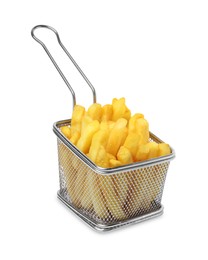 Delicious French fries in metal basket isolated on white