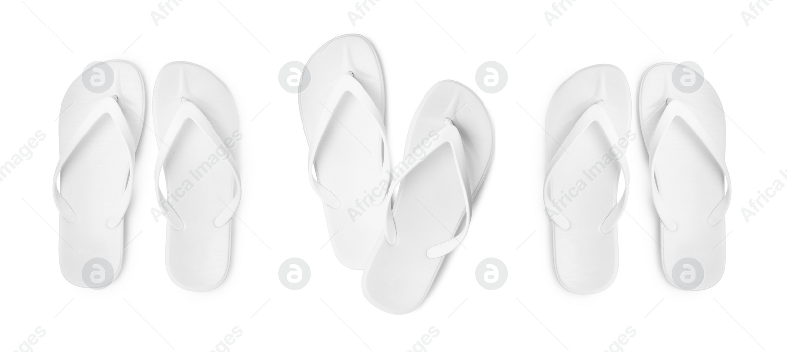 Image of Set with stylish flip flops on white background, top view. Banner design