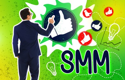 Image of Social media marketing. Man in business attire, abbreviation SMM and LIKE icons on color background