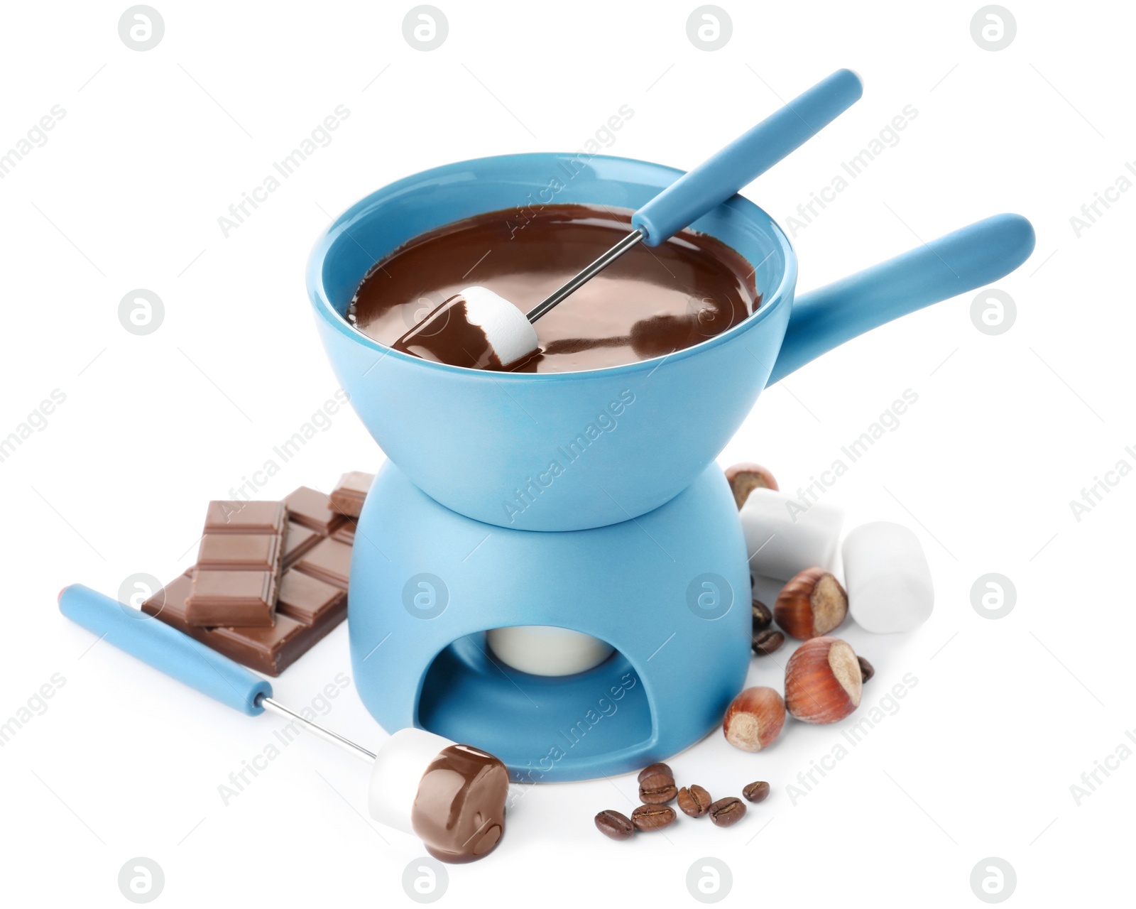 Photo of Fondue pot with chocolate and marshmallow isolated on white