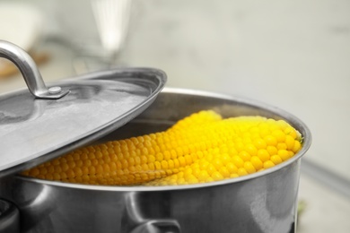 Pot with boiling corn cobs in kitchen, closeup