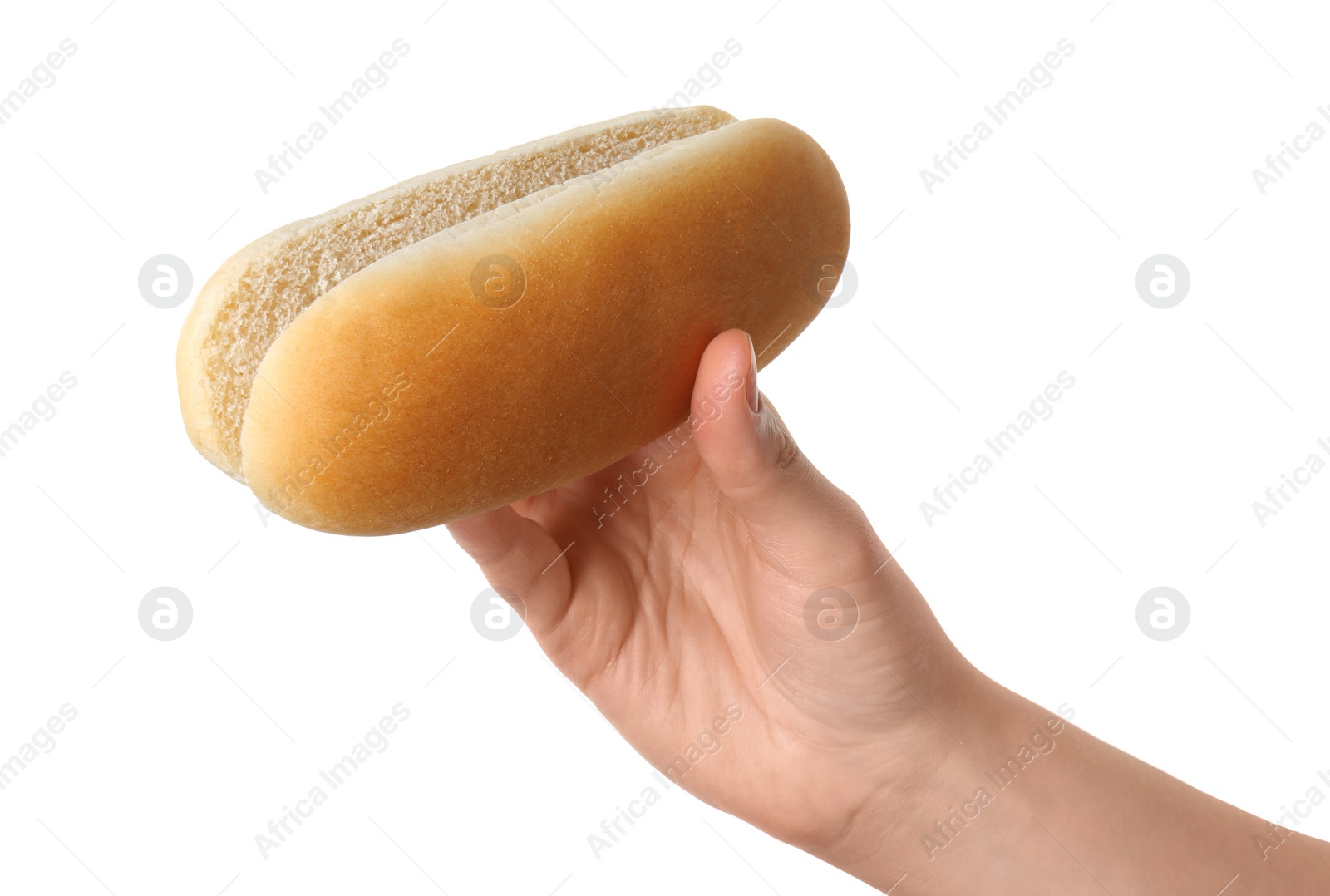 Photo of Woman with fresh hot dog bun on white background, closeup