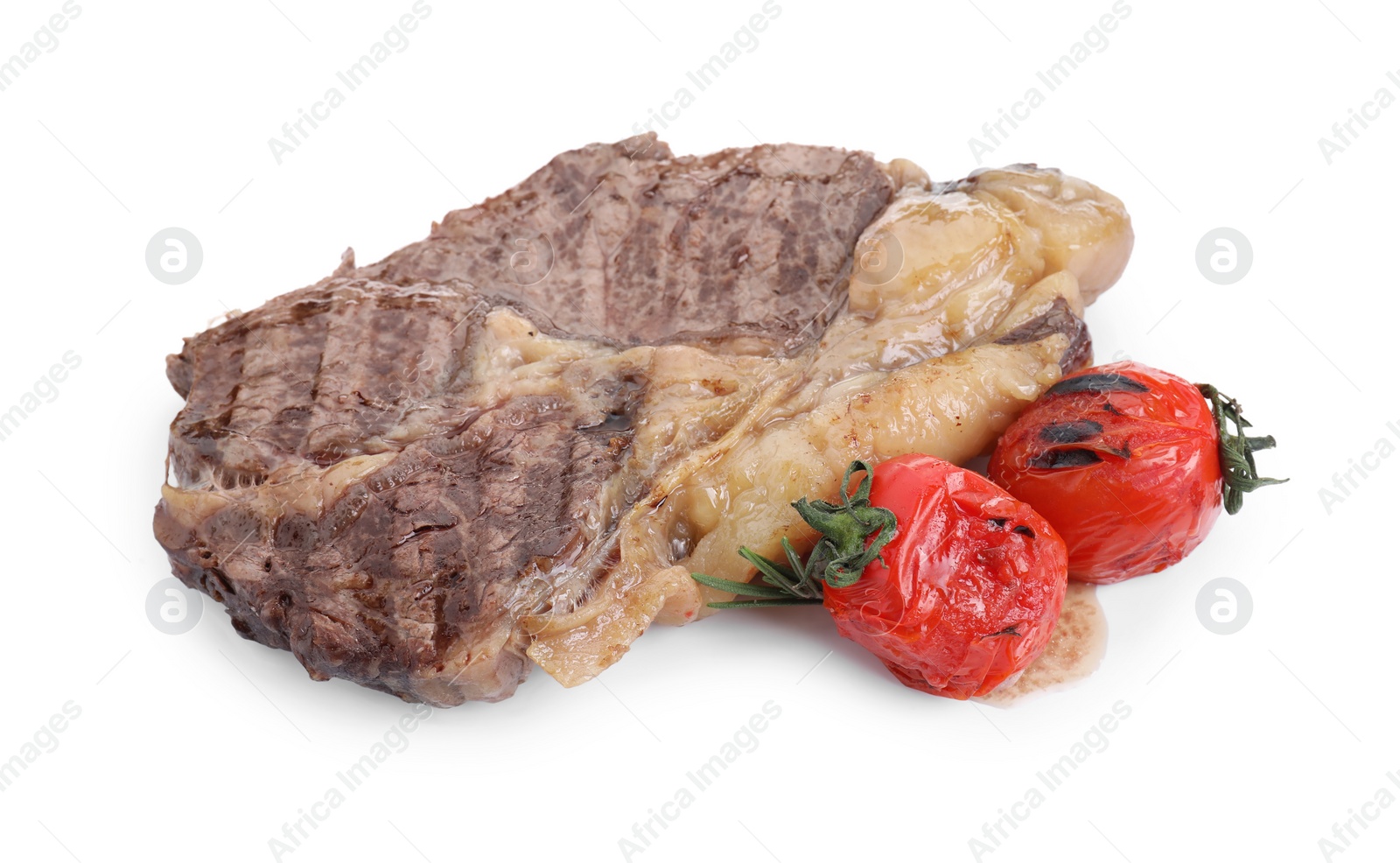 Photo of Piece of delicious grilled beef meat and tomatoes isolated on white