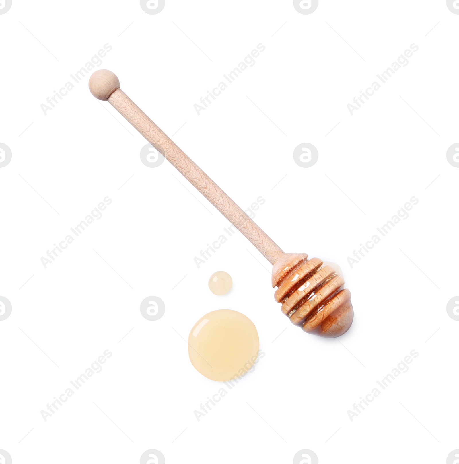 Photo of Tasty natural honey and dipper on white background, top view