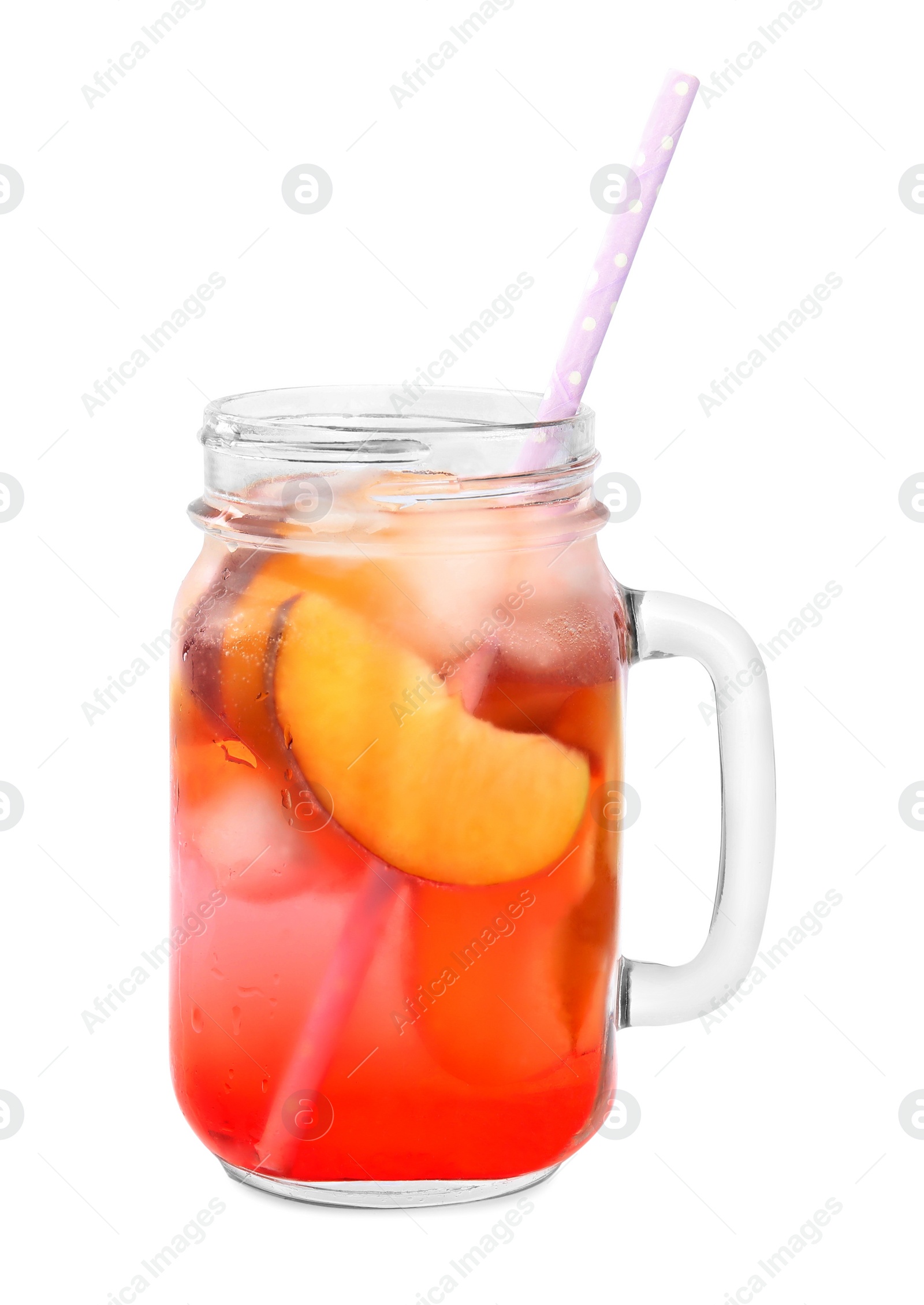 Photo of Delicious refreshing peach cocktail in mason jar on white background