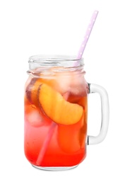 Photo of Delicious refreshing peach cocktail in mason jar on white background