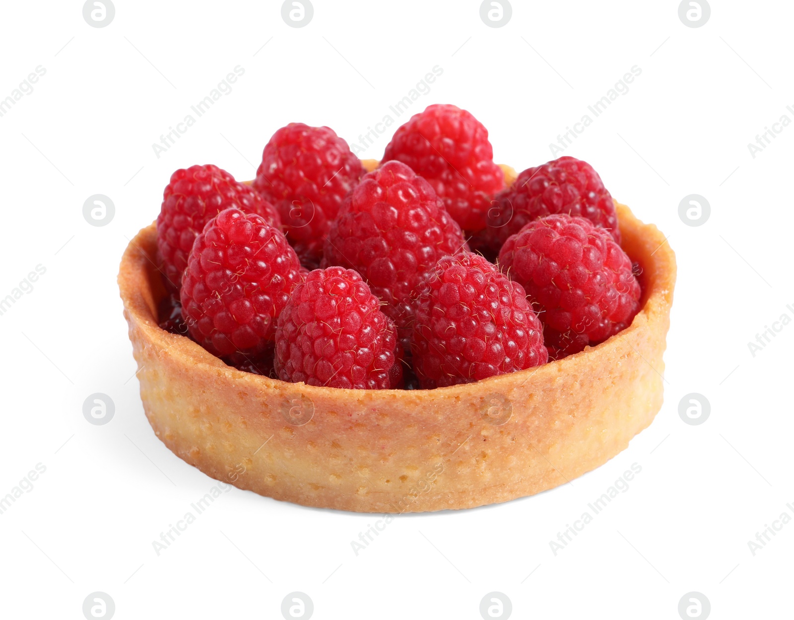 Photo of Tartlet with fresh raspberries isolated on white. Delicious dessert