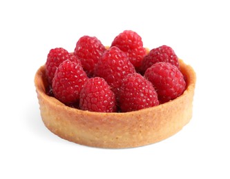 Tartlet with fresh raspberries isolated on white. Delicious dessert