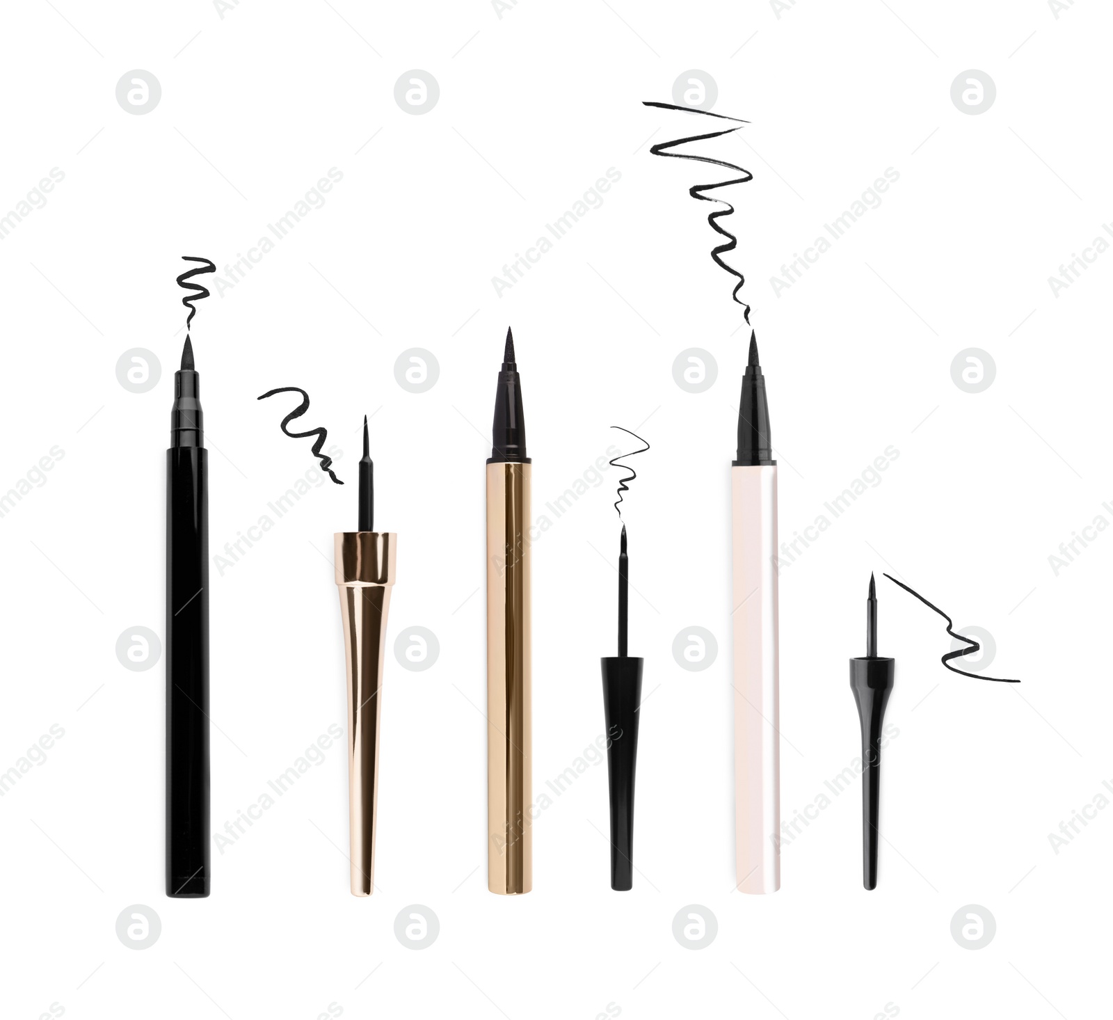 Image of Collage with different eyeliners and strokes on white background, top view