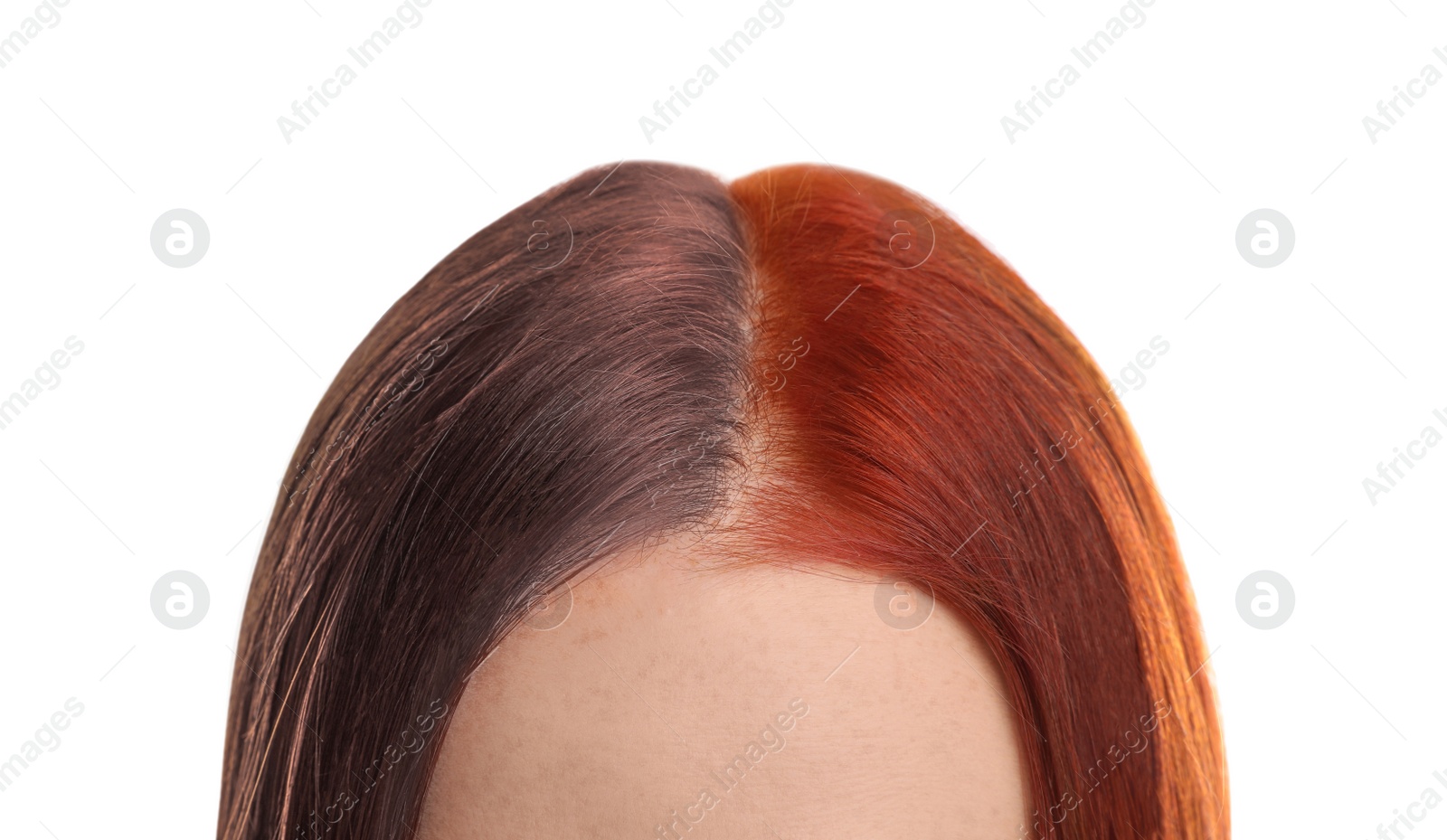 Image of Closeup view of young woman before and after hair dyeing on white background 