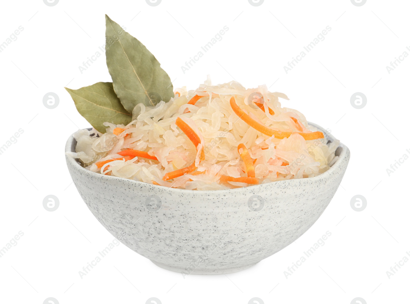 Photo of Bowl of tasty sauerkraut with carrot and bay leaves on white background