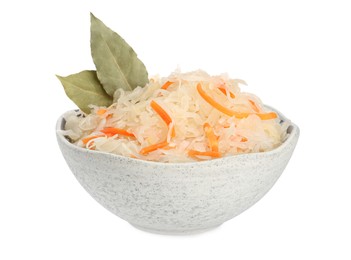 Bowl of tasty sauerkraut with carrot and bay leaves on white background