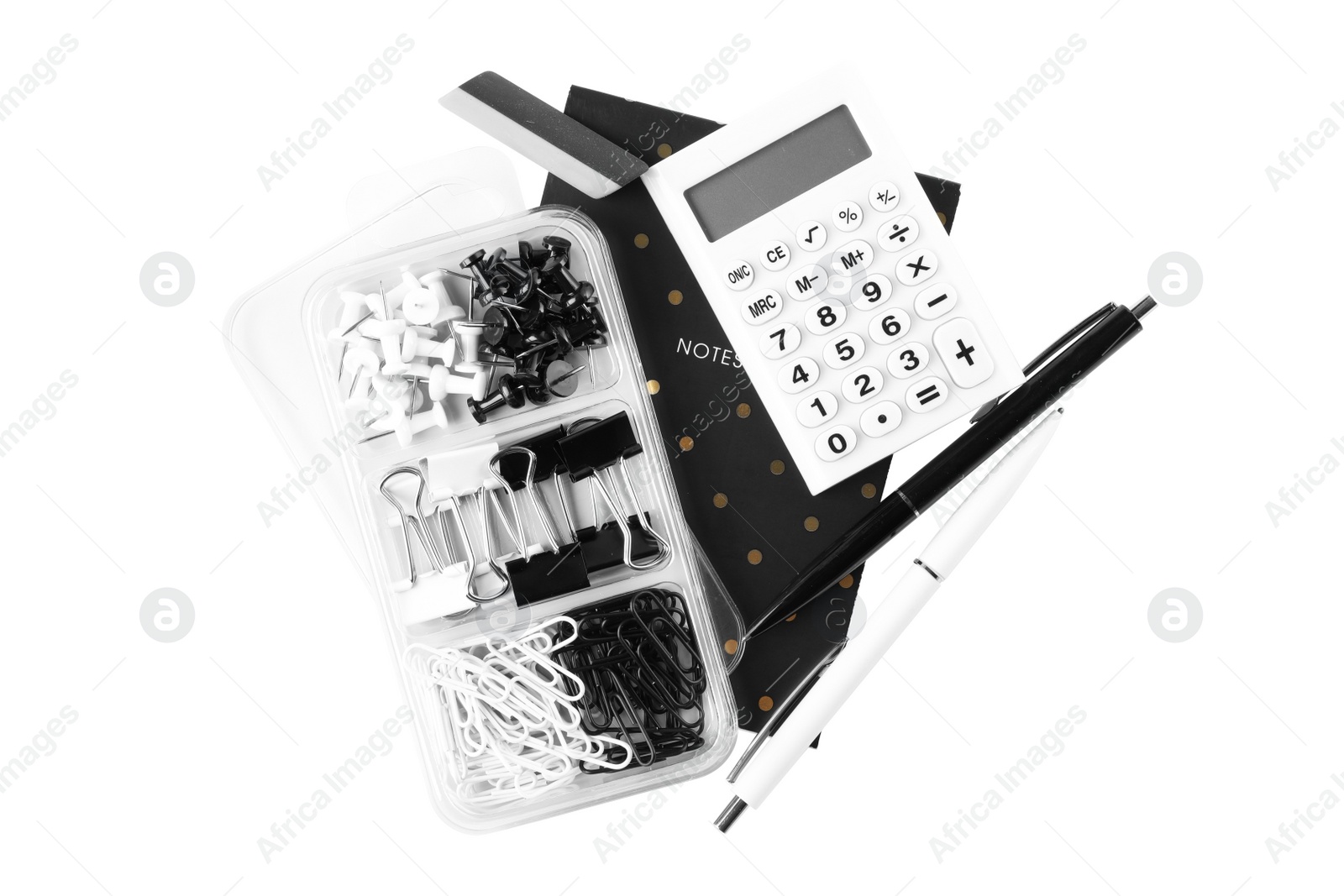 Photo of Set of different school stationery on white background, top view