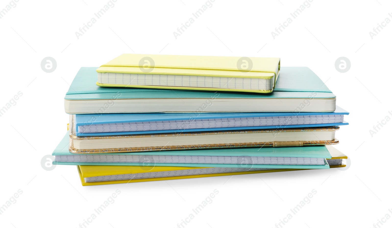 Photo of Stack of different colorful hardcover planners on white background