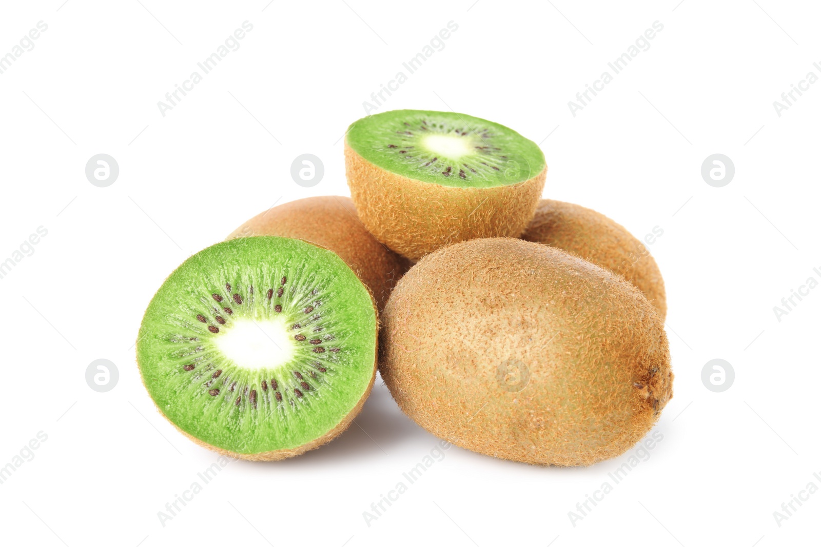 Photo of Cut and whole fresh kiwis on white background