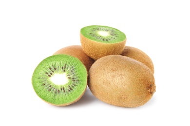 Photo of Cut and whole fresh kiwis on white background