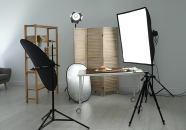 Photo of Tasty sandwich on table in photo studio. Food photography