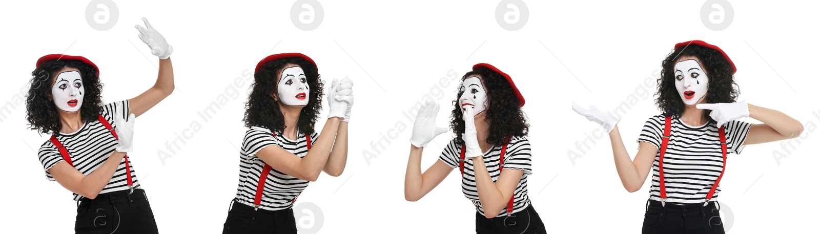 Image of Funny mime on white background, set of photos