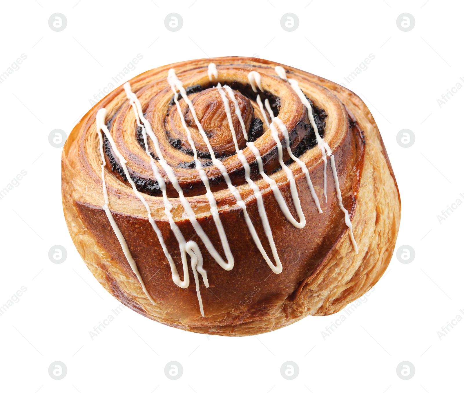 Photo of One delicious roll with poppy seeds and topping isolated on white. Sweet bun