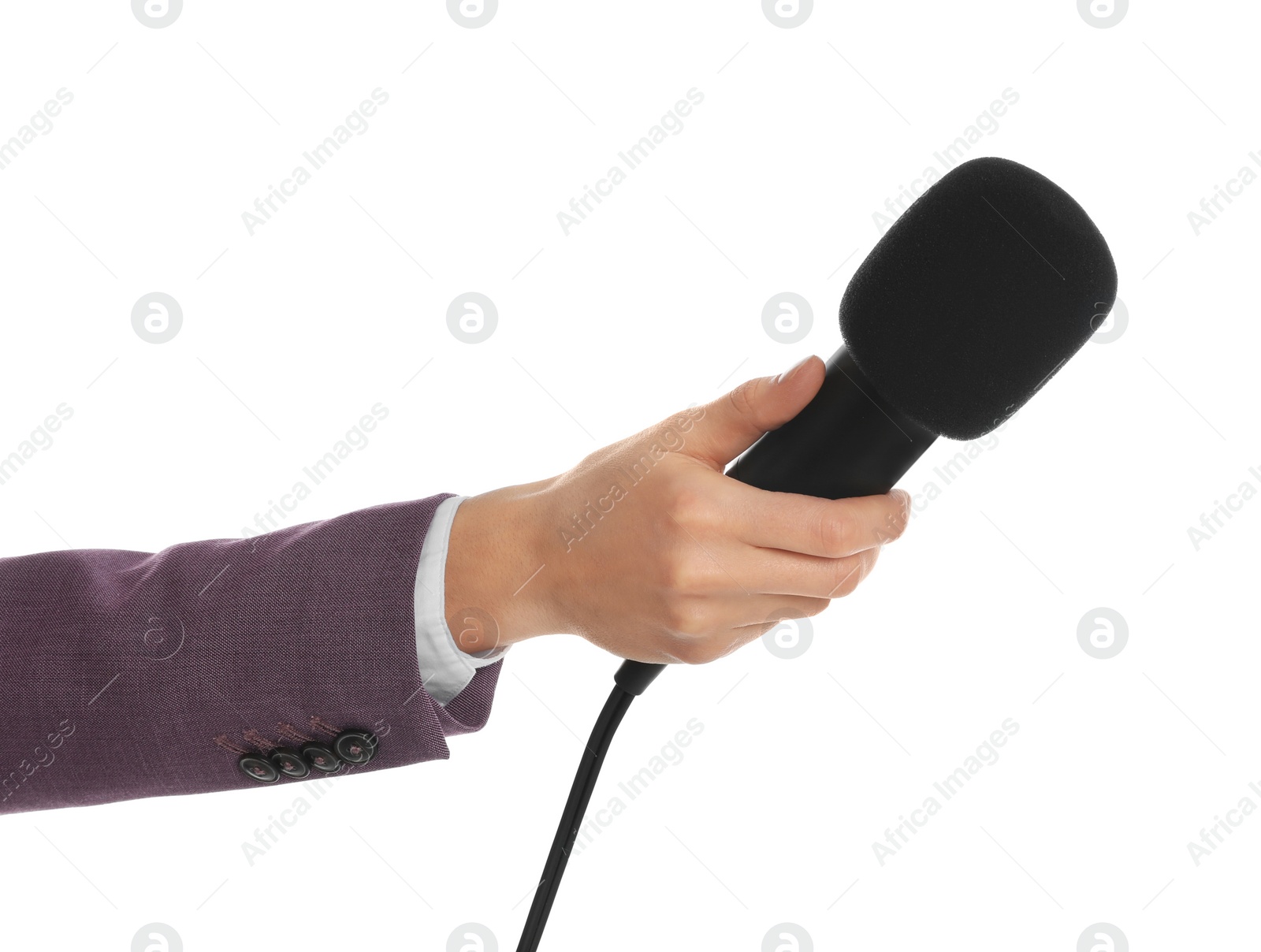 Photo of Professional journalist with microphone on white background, closeup