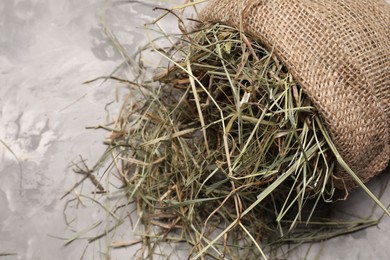 Photo of Dried hay in burlap sack on light grey textured table, top view. Space for text