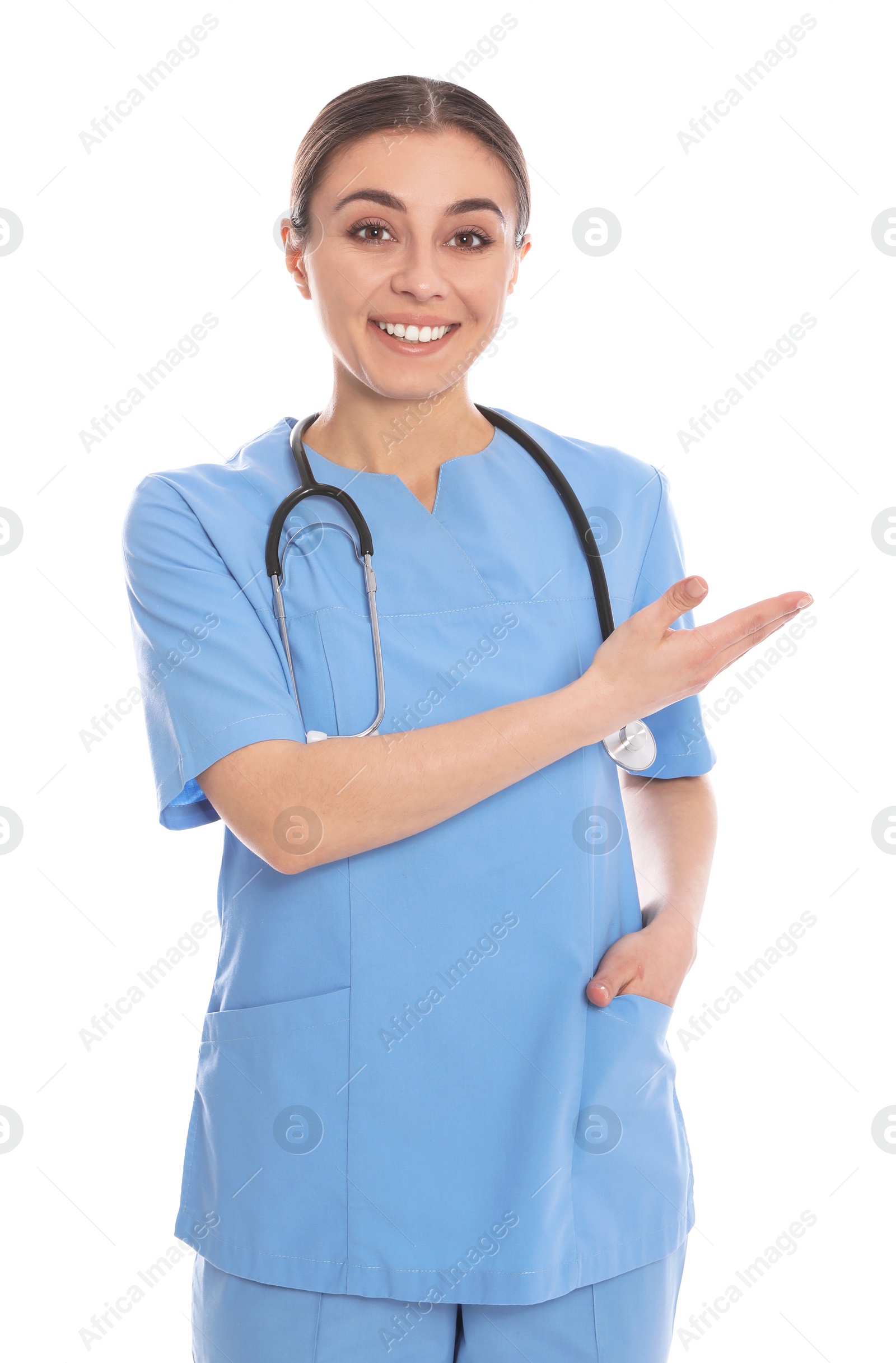 Photo of Portrait of medical doctor with stethoscope isolated on white