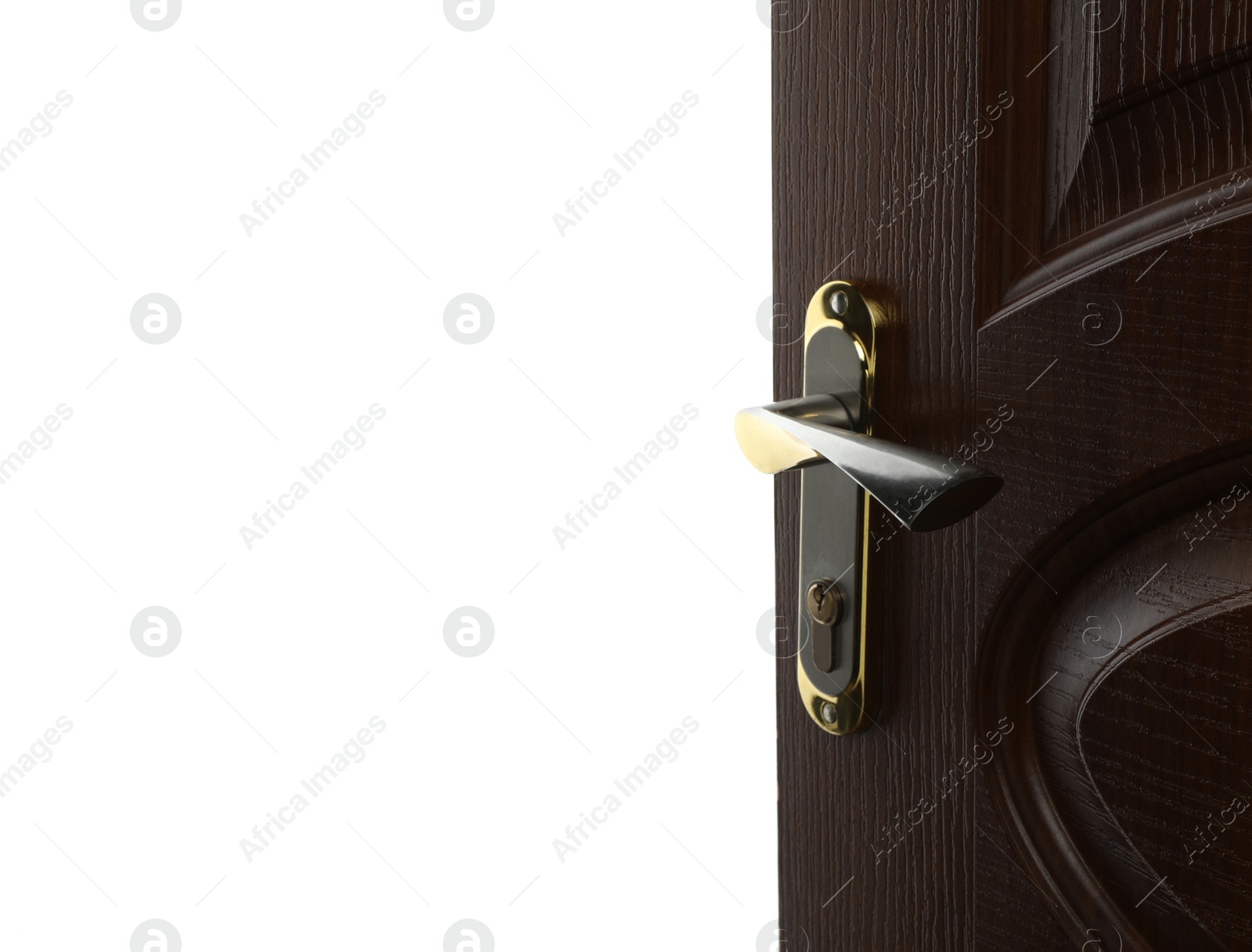 Photo of Wooden door with metal handle on white background, closeup