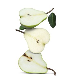 Image of Cut fresh ripe pears on white background