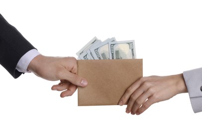 Photo of Money exchange. Man giving envelope with dollar banknotes to woman on white background, closeup