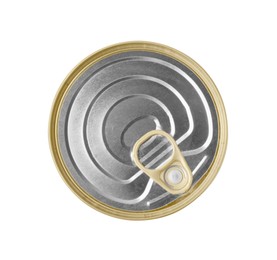 Photo of One closed tin can isolated on white, top view