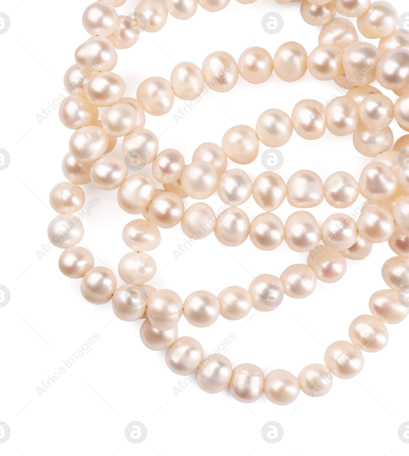 Photo of Elegant pearl necklace isolated on white, top view