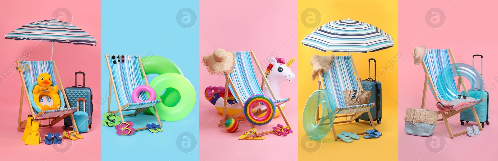 Image of Deck chair and beach accessories, set with different color backgrounds