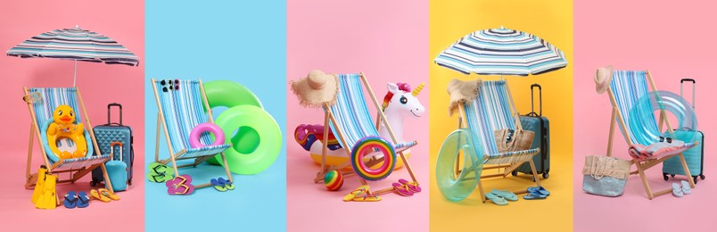 Image of Deck chair and beach accessories, set with different color backgrounds