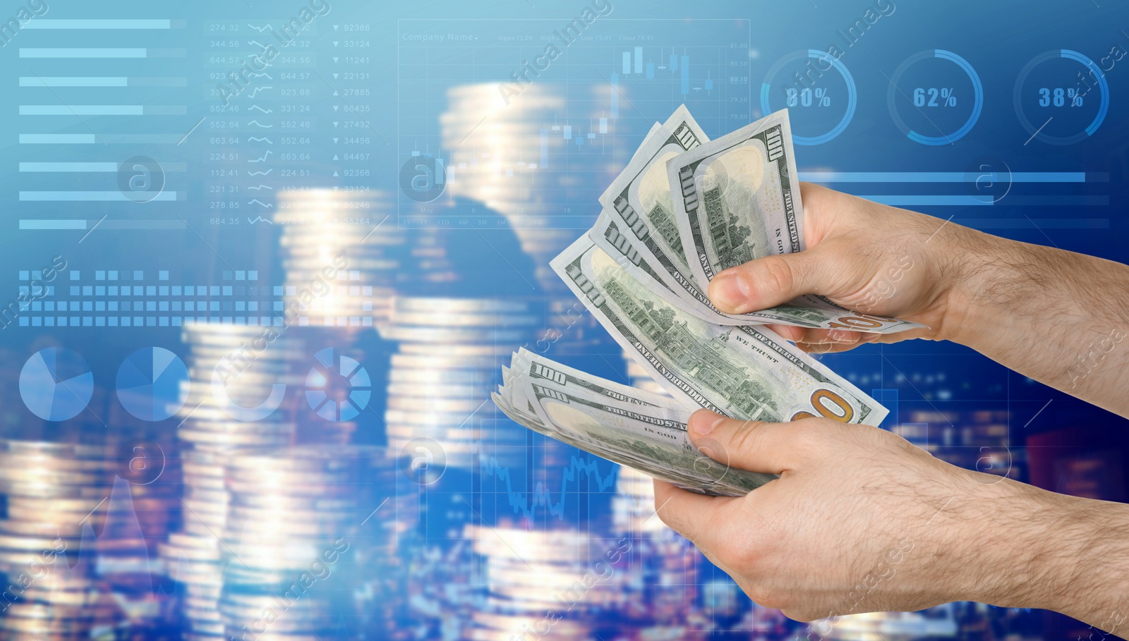 Image of Stock exchange. Man counting dollar banknotes, closeup. Double exposure of graphs with statistic information and coins