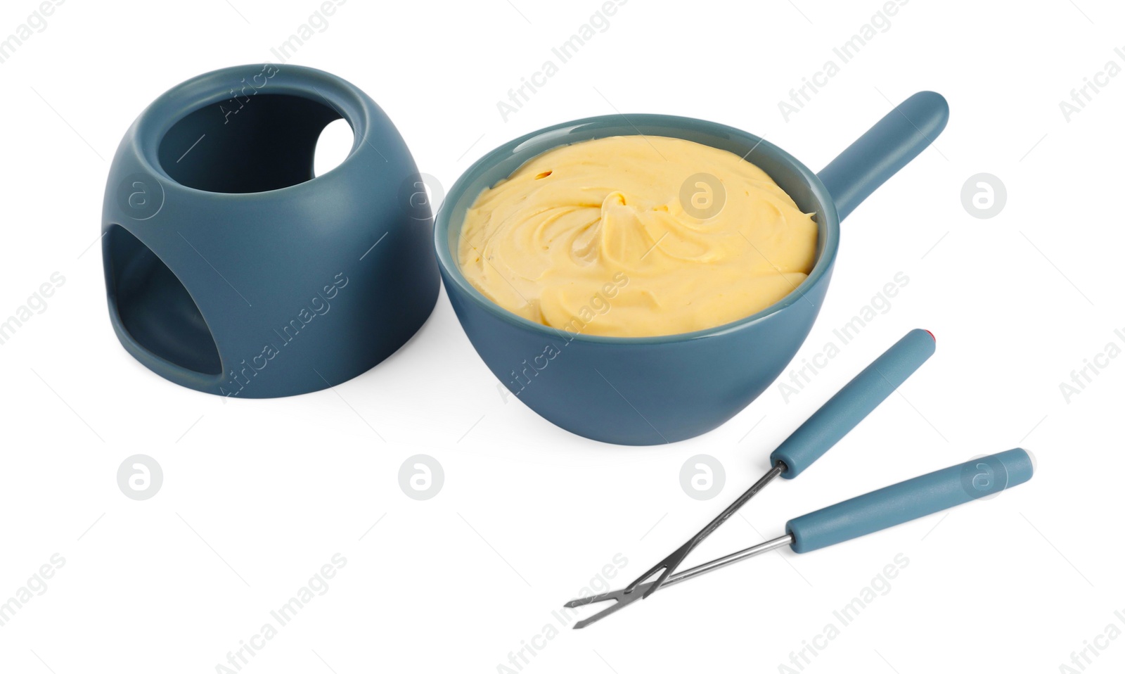 Photo of Fondue with tasty melted cheese and forks isolated on white