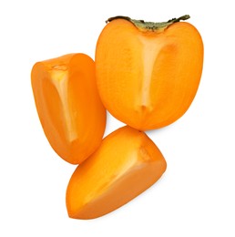 Photo of Cut delicious ripe juicy persimmon on white background, top view