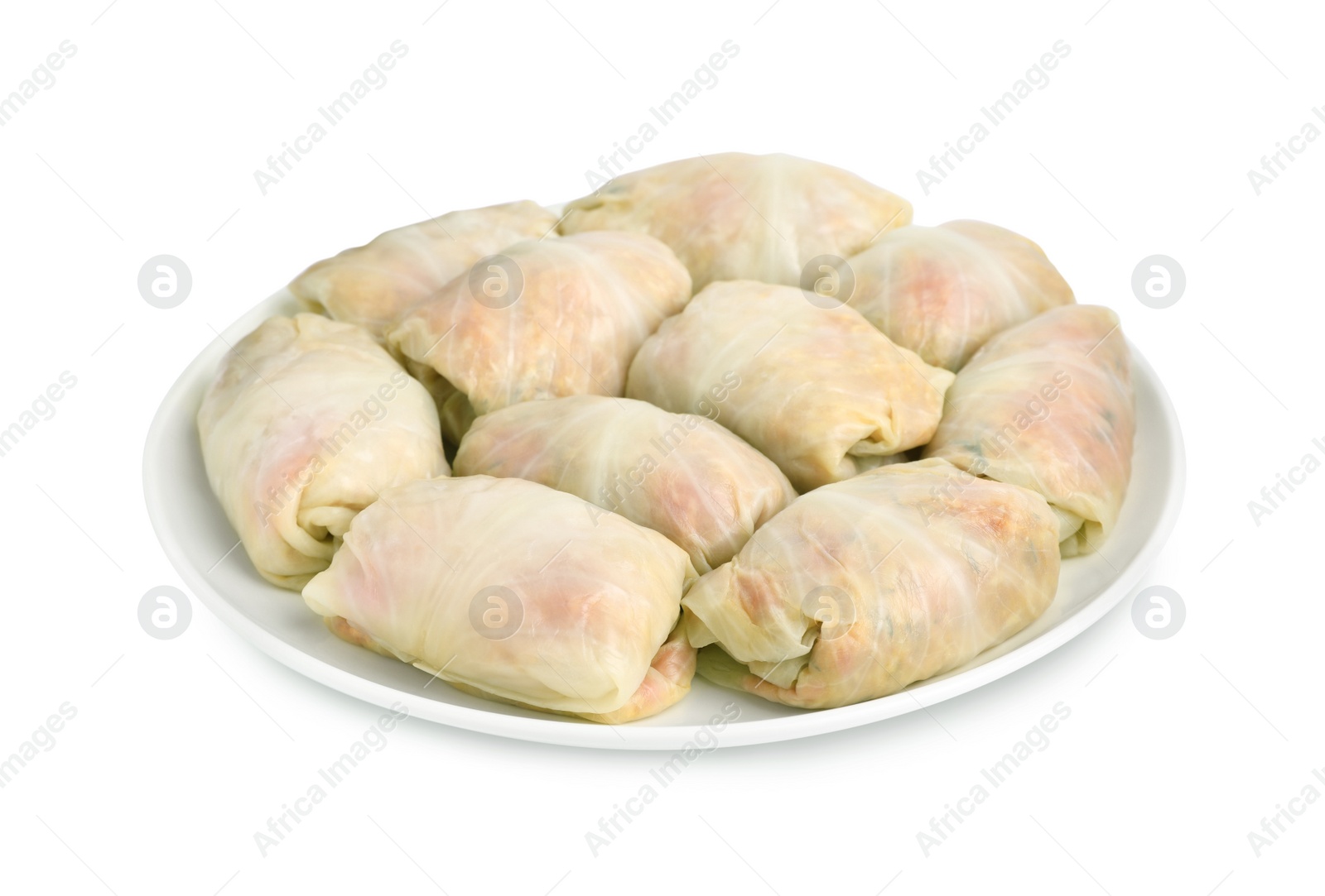 Photo of Uncooked stuffed cabbage rolls on white background