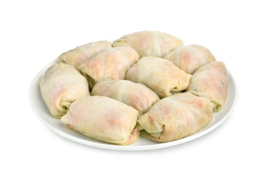 Photo of Uncooked stuffed cabbage rolls on white background