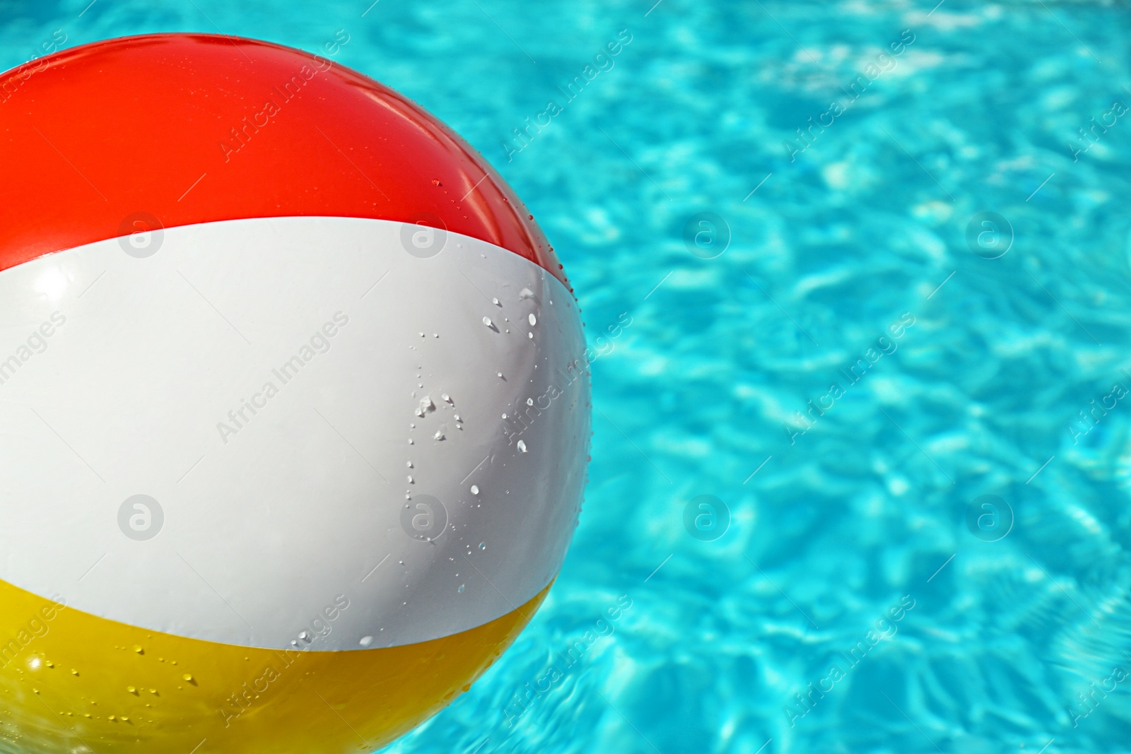 Photo of Colorful beach ball in swimming pool on sunny day, closeup. Space for text