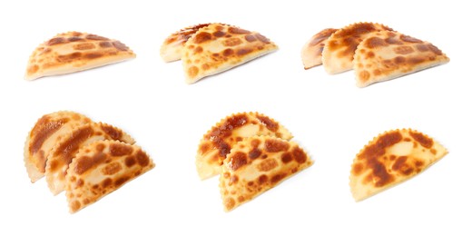 Image of Set with delicious fried chebureki on white background. Banner design