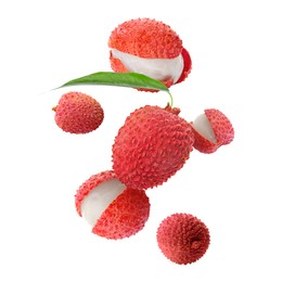 Image of Many lychees falling on white background. Exotic fruit