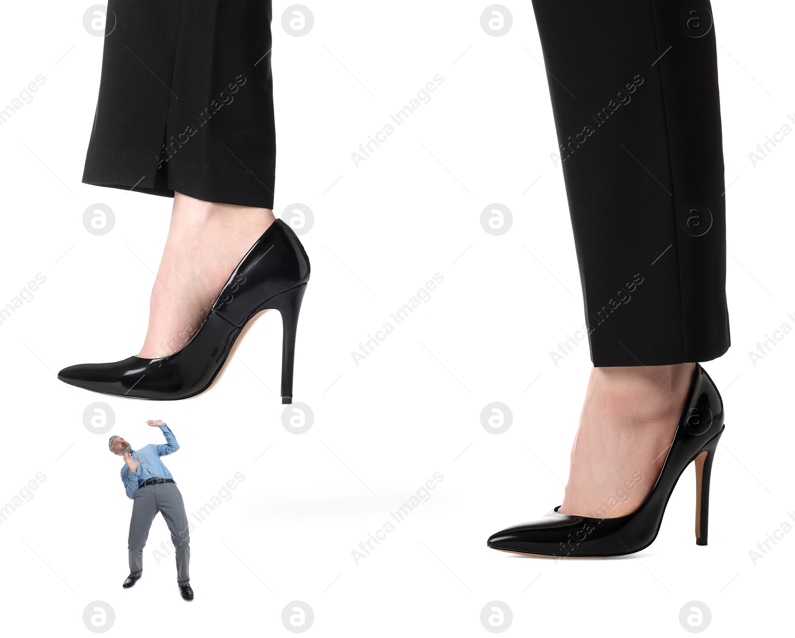 Image of Big woman stepping onto small man on white background
