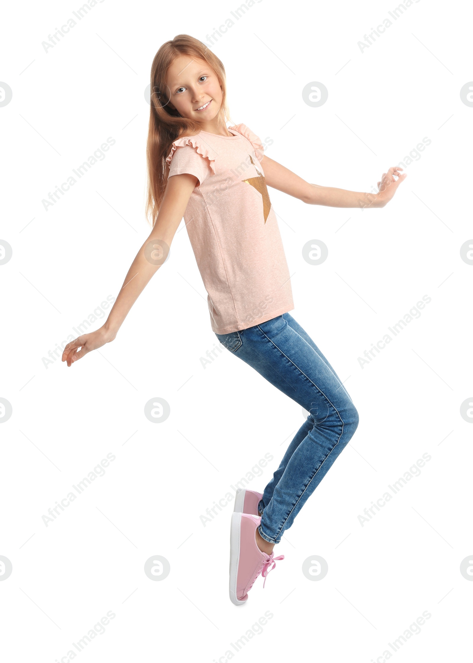 Photo of Full length portrait of preteen girl on white background