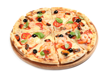 Photo of Tasty pizza with seafood isolated on white