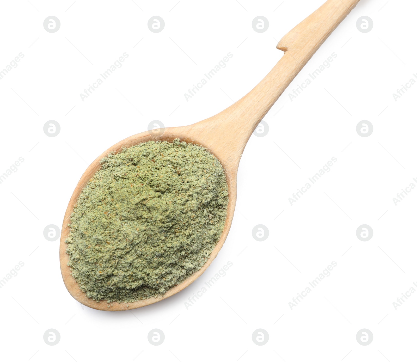 Photo of Spoon of hemp protein powder isolated on white, top view