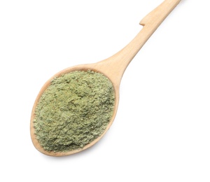 Spoon of hemp protein powder isolated on white, top view