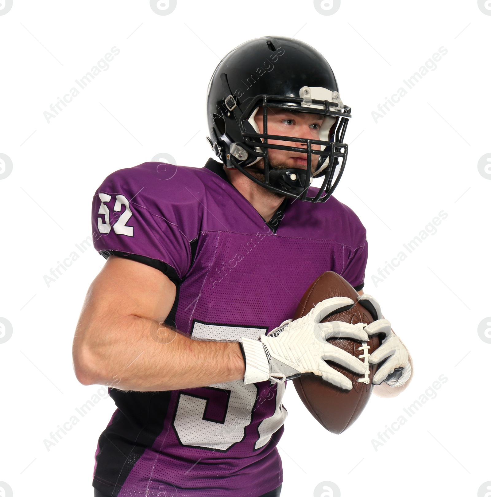 Photo of American football player with ball on white background