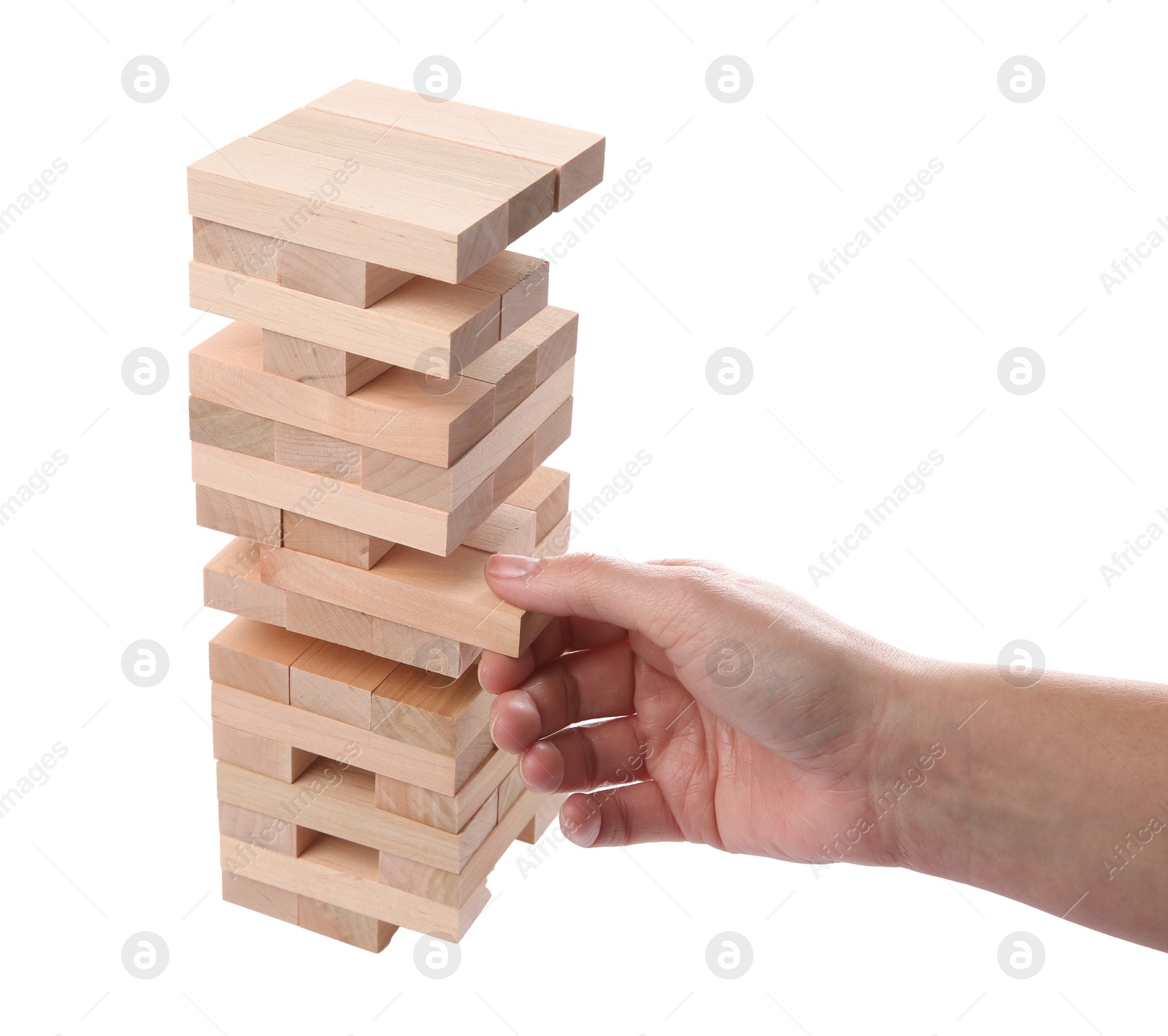 Photo of Woman playing Jenga on white background, closeup