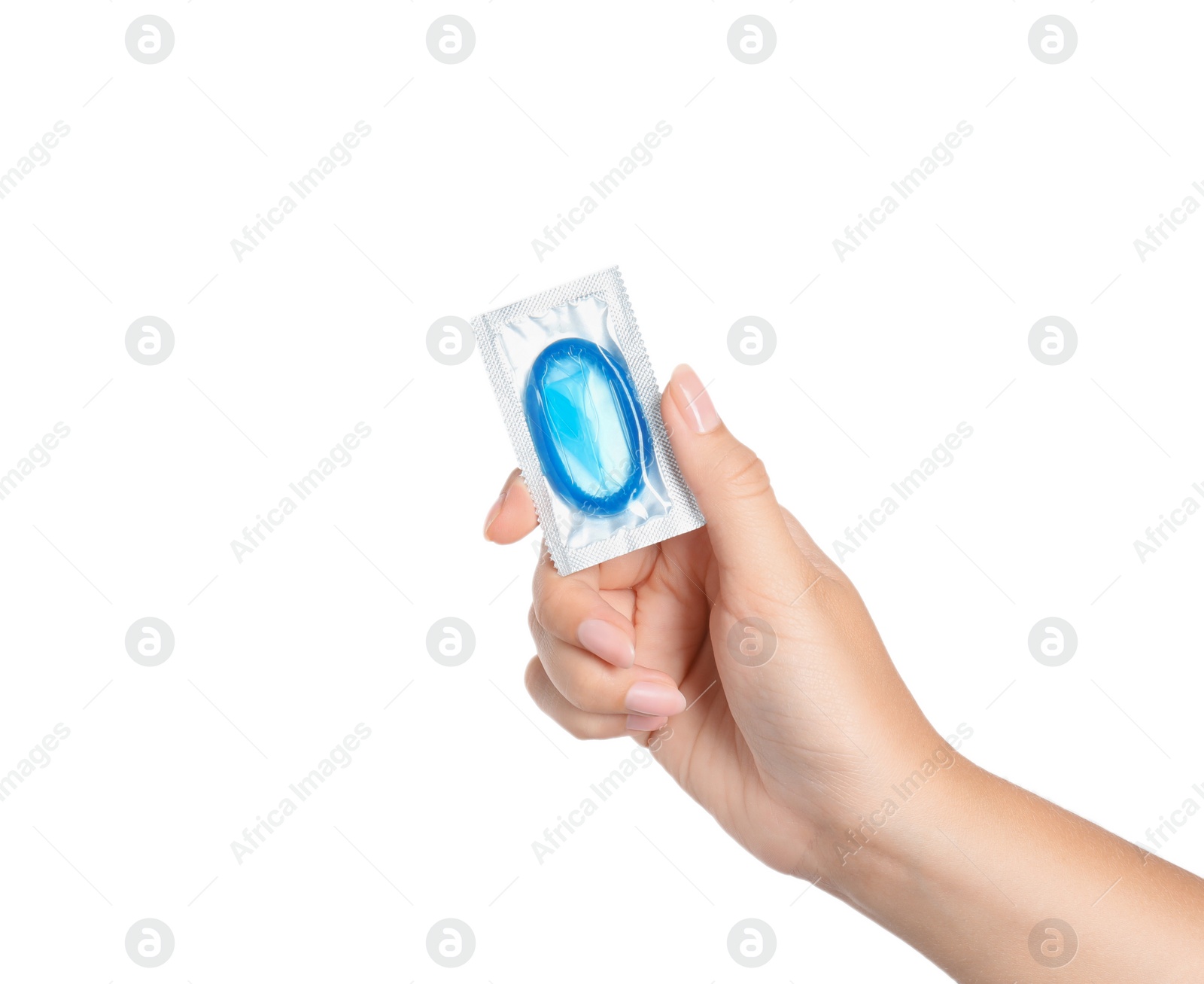 Photo of Woman holding condom on white background, closeup