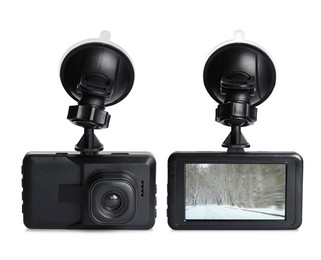 Modern car dashboard cameras on white background in collage, one with photo of road